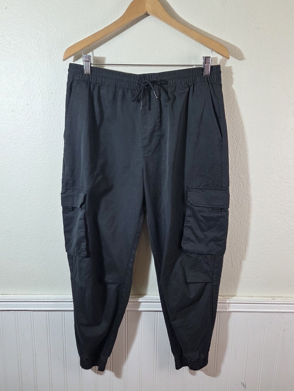 Zara Relaxed Fit Cargo Jogger Pants Womens Large Black Drawstring Utility